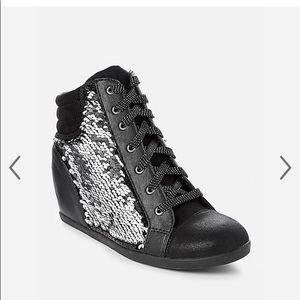 black sequin wedge sneakers
